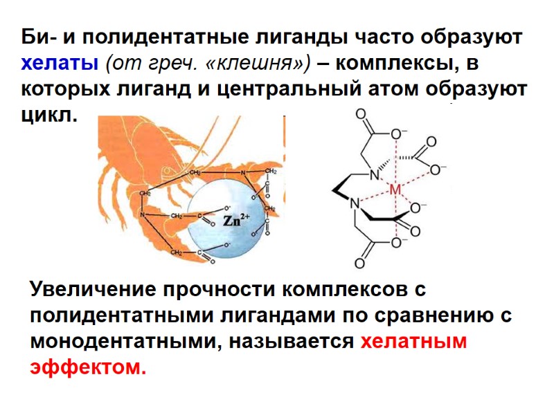 Би- и полидентатные лиганды часто образуют хелаты (от греч. «клешня») – комплексы, в которых